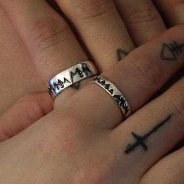 Mountains Ring set - 925 Sterling Silver - Black Feather Design